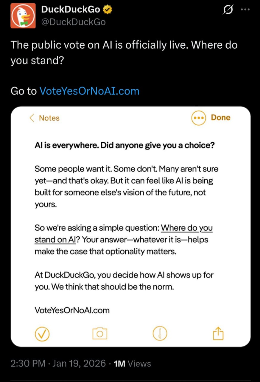 DuckDuckGo announces public vote on AI optionality via social media