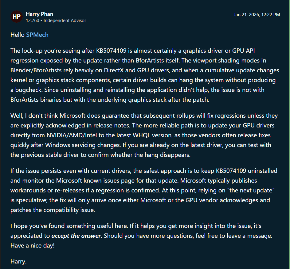 Microsoft Answers thread confirming Windows 11 KB5074109 system lockups